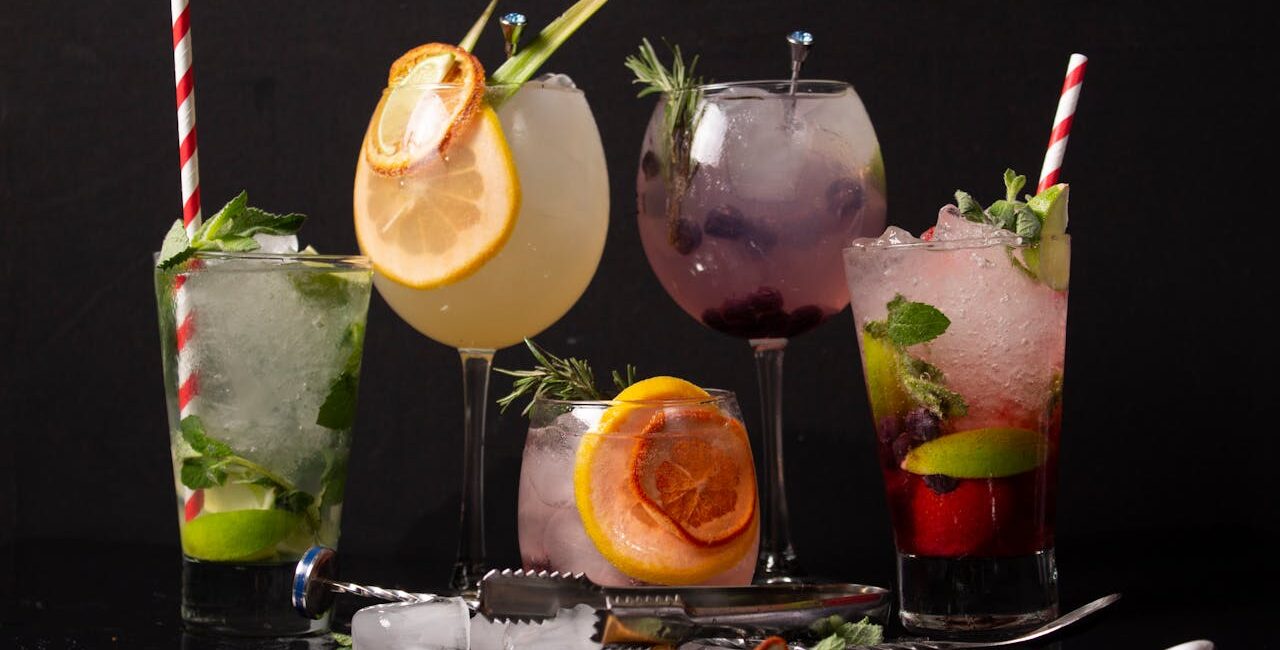 different cocktails in different types of clear glass